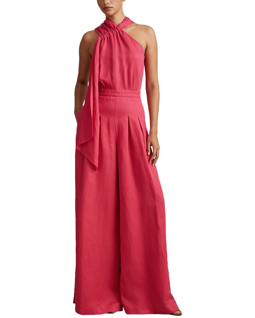 Reiss Coral Linen Blend Drape Jumpsuit In Red