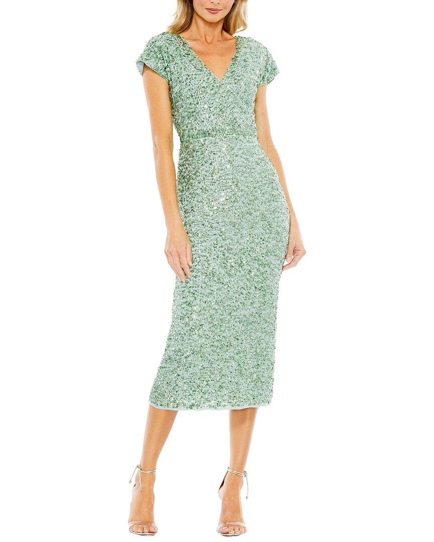 Mac Duggal Sequined Short Sleeve Wrap Over Cocktail Dress In Green
