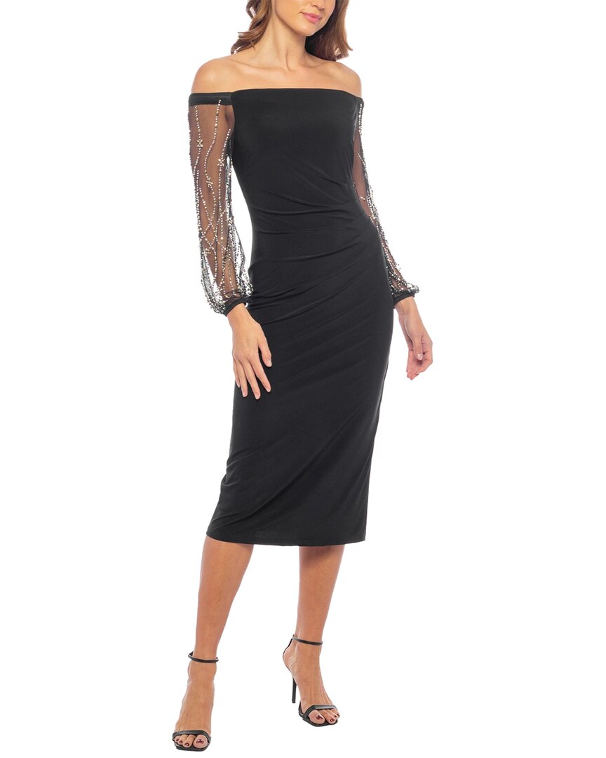 Marina Off The Shoulder Long Sleeve Beaded Midi Dress In Blue