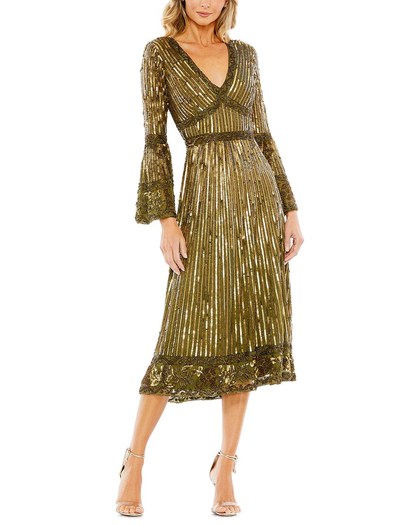Mac Duggal Embellished 3/4 Sleeve V Neck A Line Dress In Green