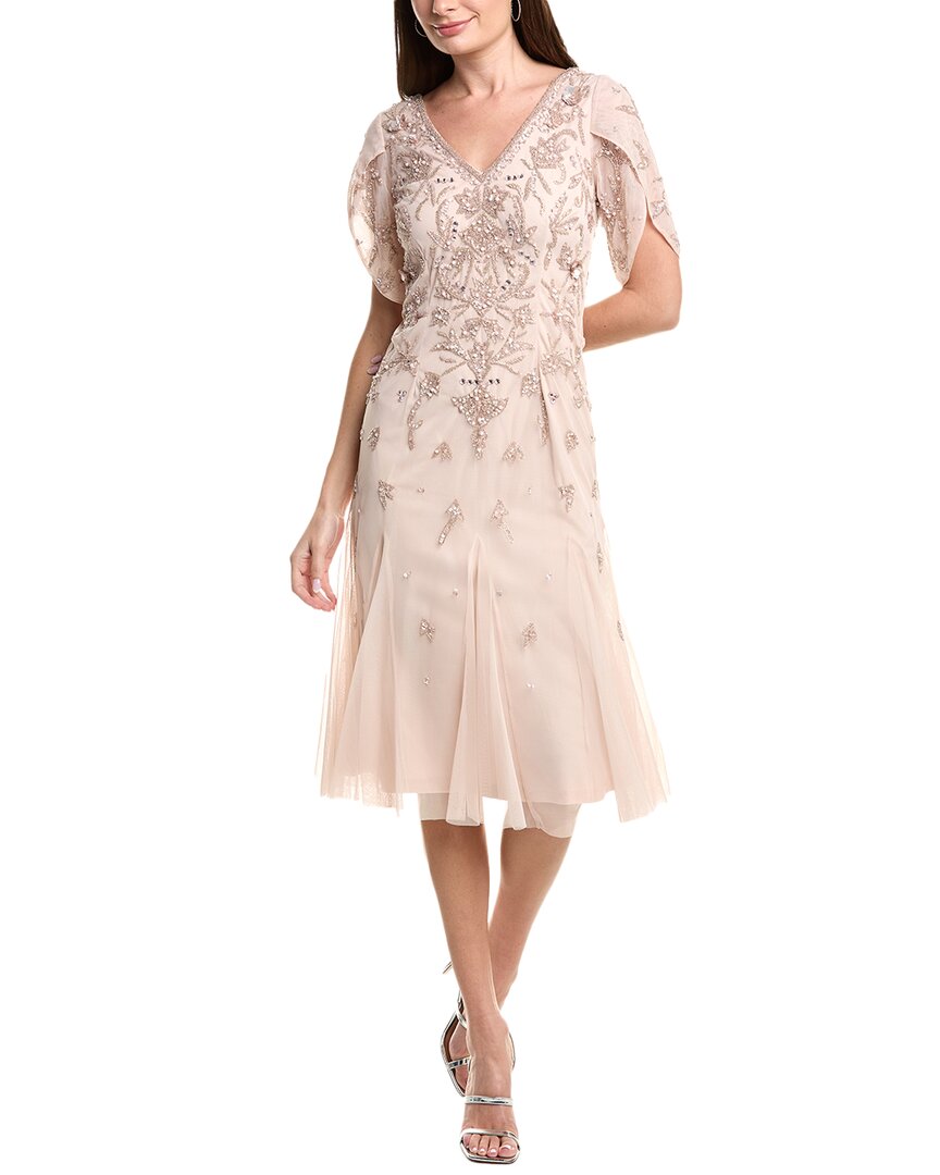Adrianna Papell Bead Mesh Midi Godet Dress In Pink