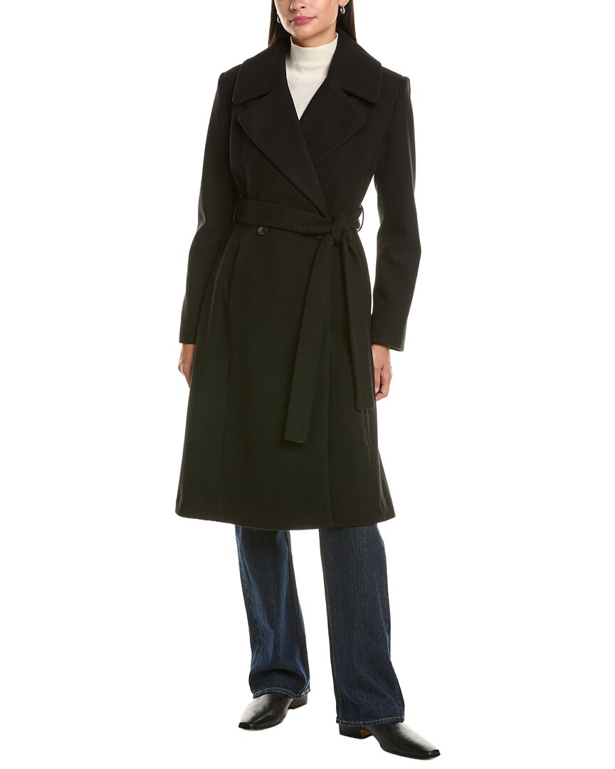 Cece Bow Back Belt Double-breasted Wrap Coat In Black