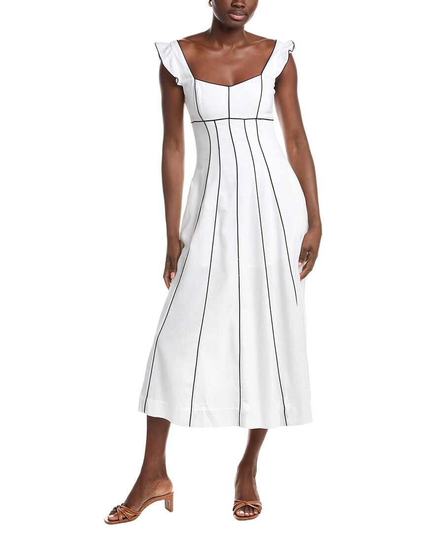 Ellen Tracy Contrast Piping Linen-blend Midi Dress In White