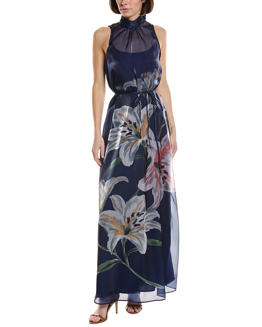 Julia Jordan Printed Glow Organza Maxi Dress In Navy