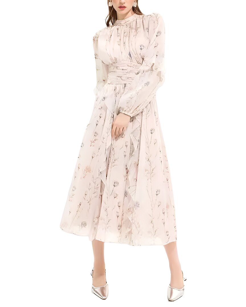 Bella Desert Long Sleeve Midi Dress In Beige & Floral Print