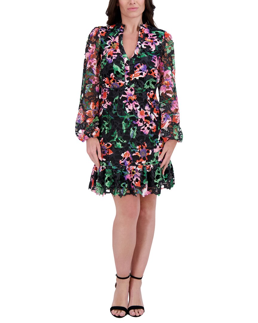 Kensie Printed Heavy Lace Mini Dress In Black