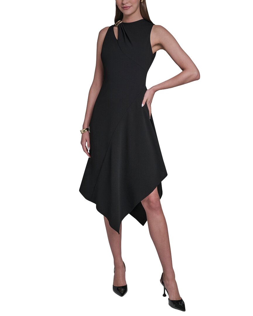 Halston Asymmetrical Hem Midi Dress In Black
