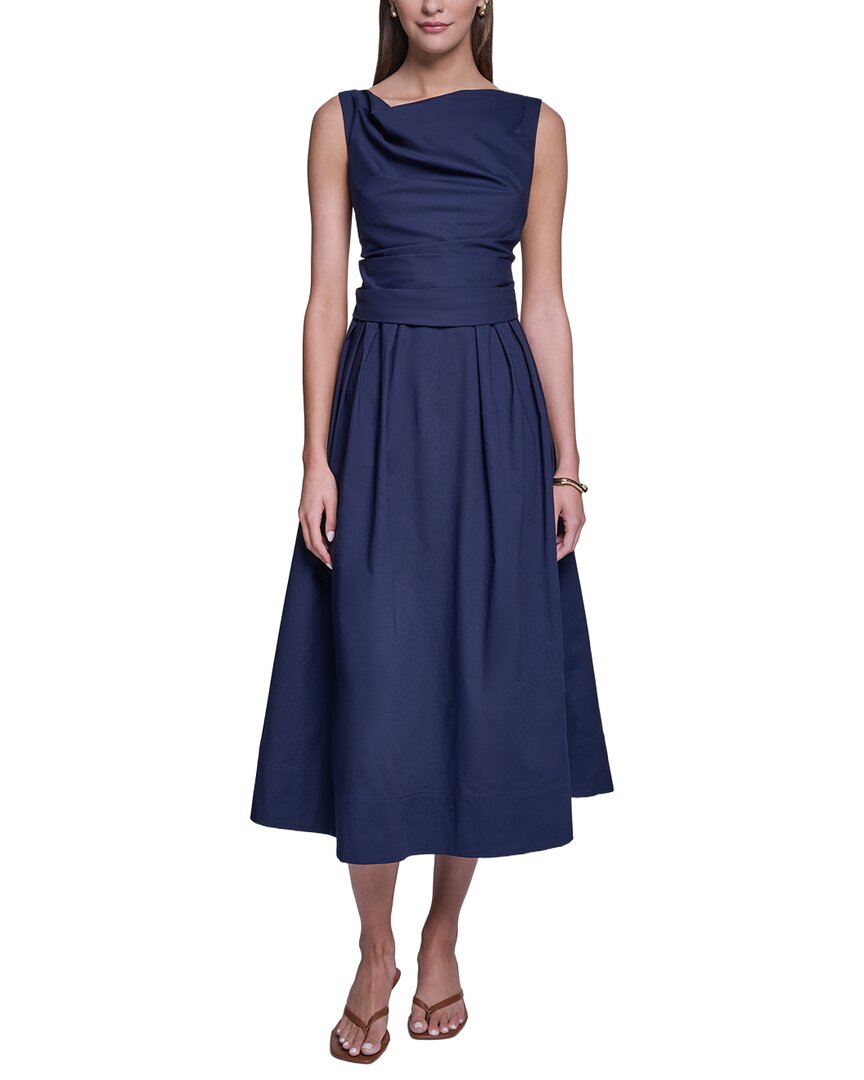 Halston Sleeveless Cotton Pleated Fit And Flare In Navy