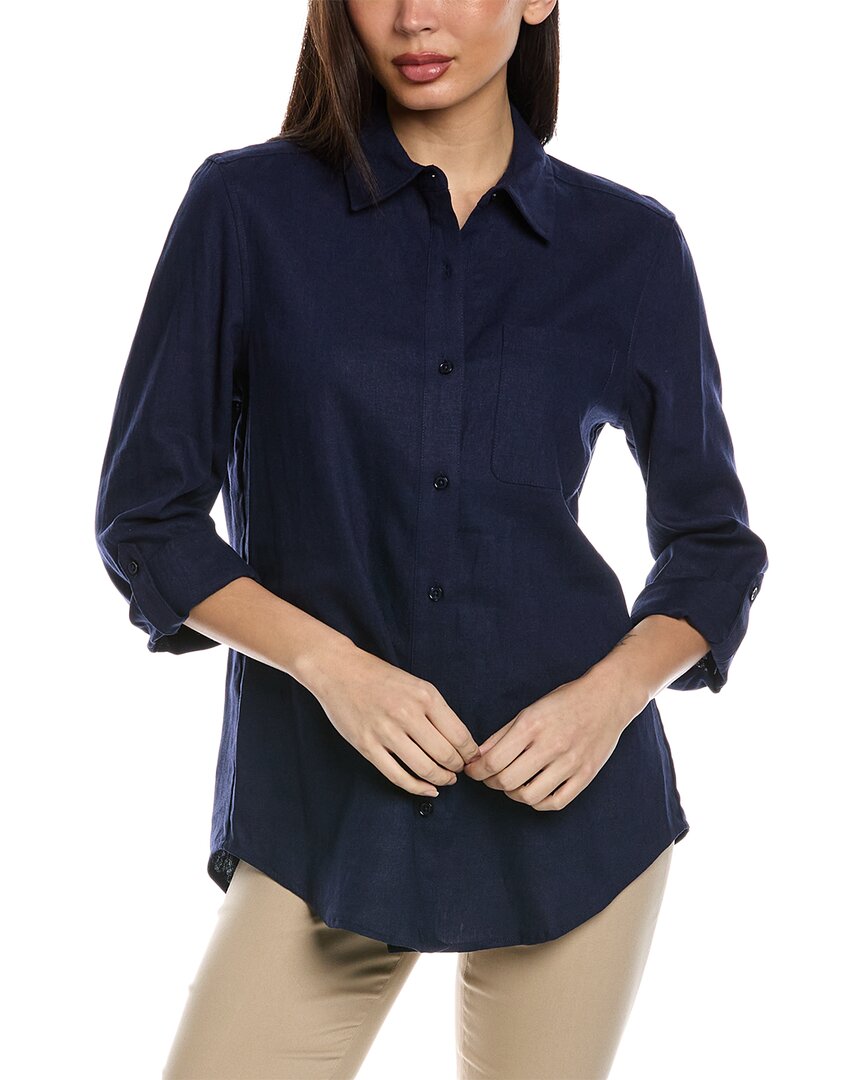 Shop Jones New York Roll Tab Linen-blend Shirt In Blue