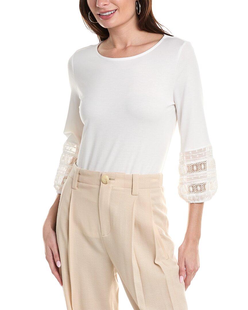 Shop Anne Klein Harmony Lace-trim Balloon Sleeve Top In White