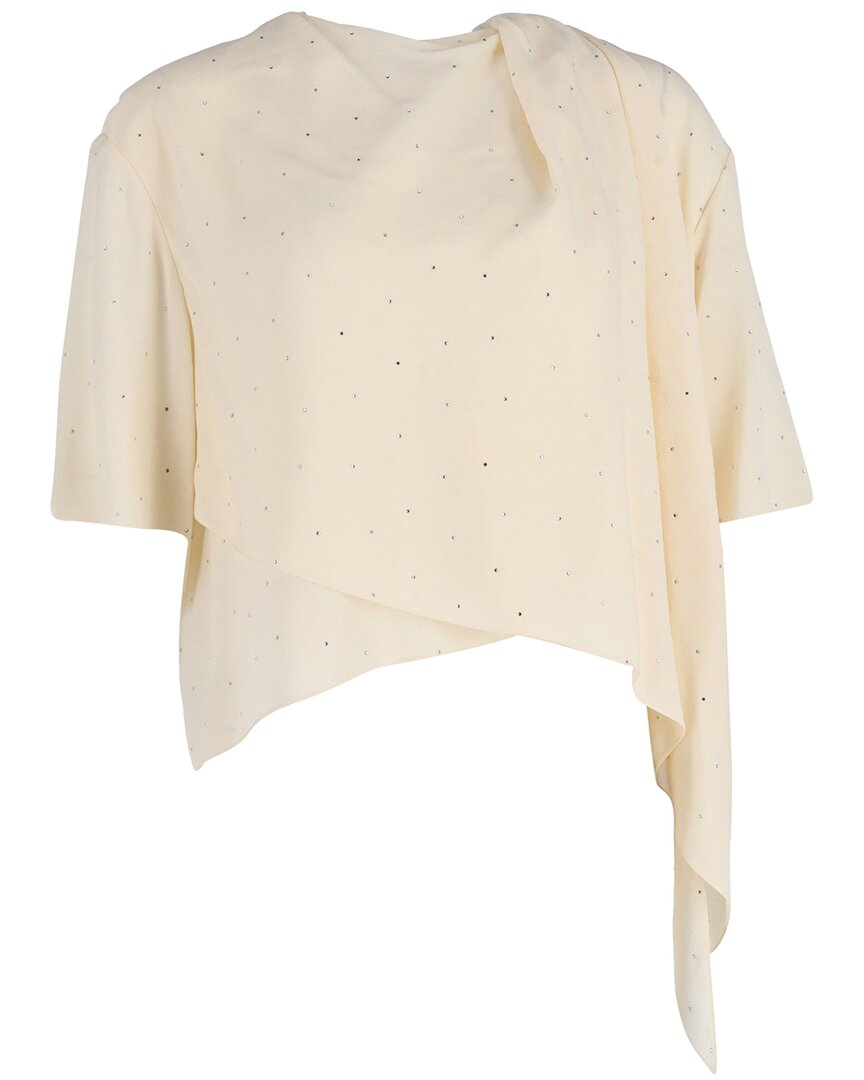 Celine Rhinestone Embellished Asymmetric Draped Top In Neutral