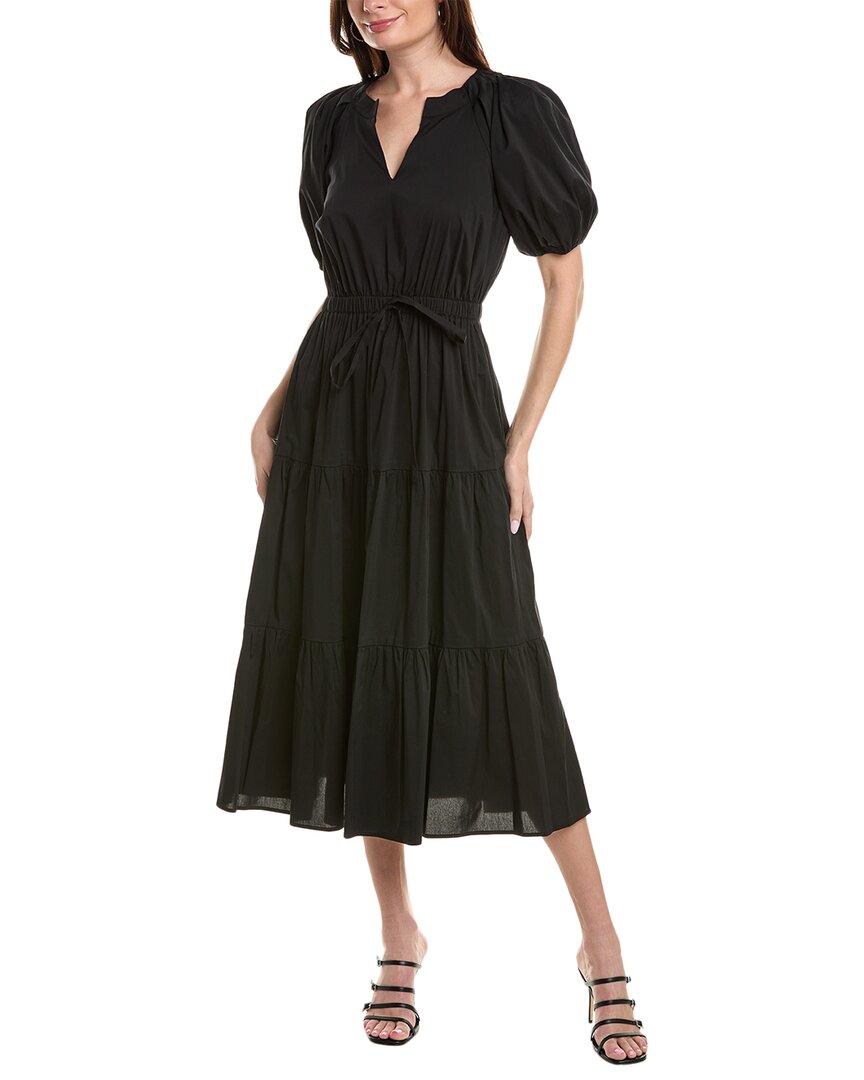 Shop Anne Klein Tiered Puff Sleeve Midi Dress In Black