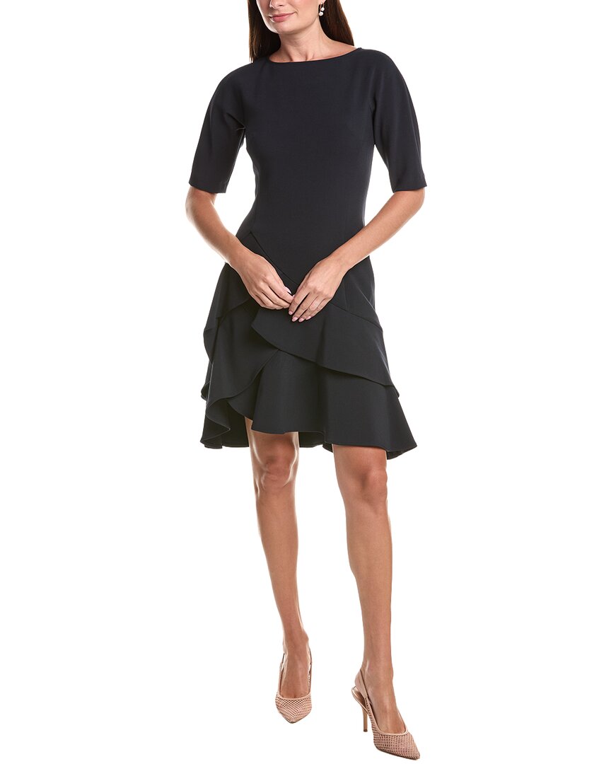 Teri Jon By Rickie Freeman Stretch Crepe Double Ruffle Cocktail Dress In Blue