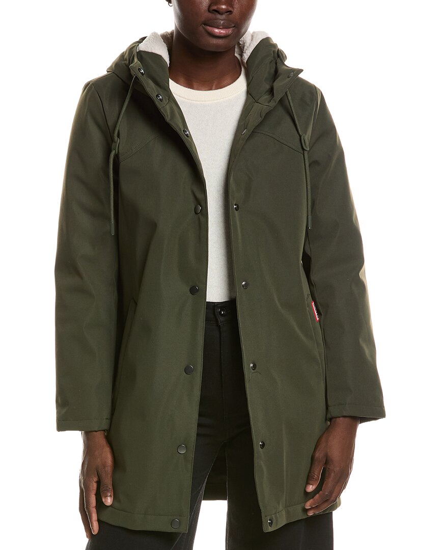 Hunter Billie Canvas Mid Length Hooded Rain Jacket In Green