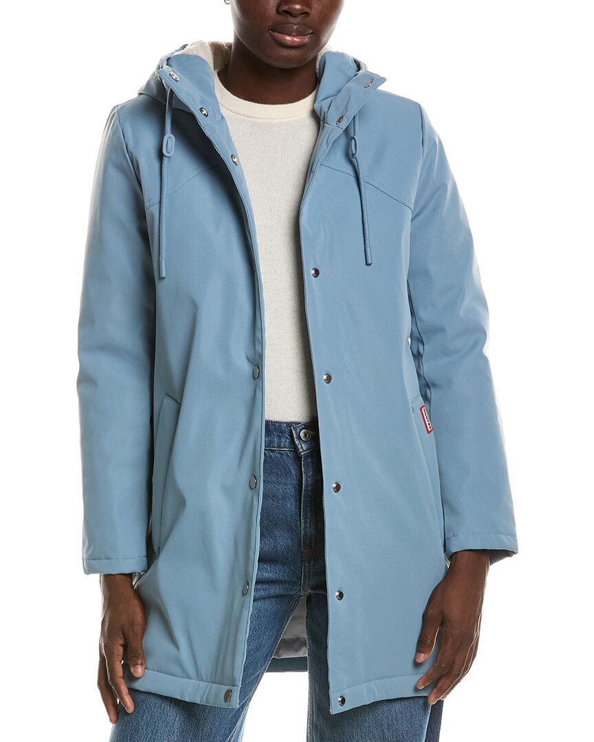 Hunter Billie Canvas Mid Length Hooded Rain Jacket In Blue