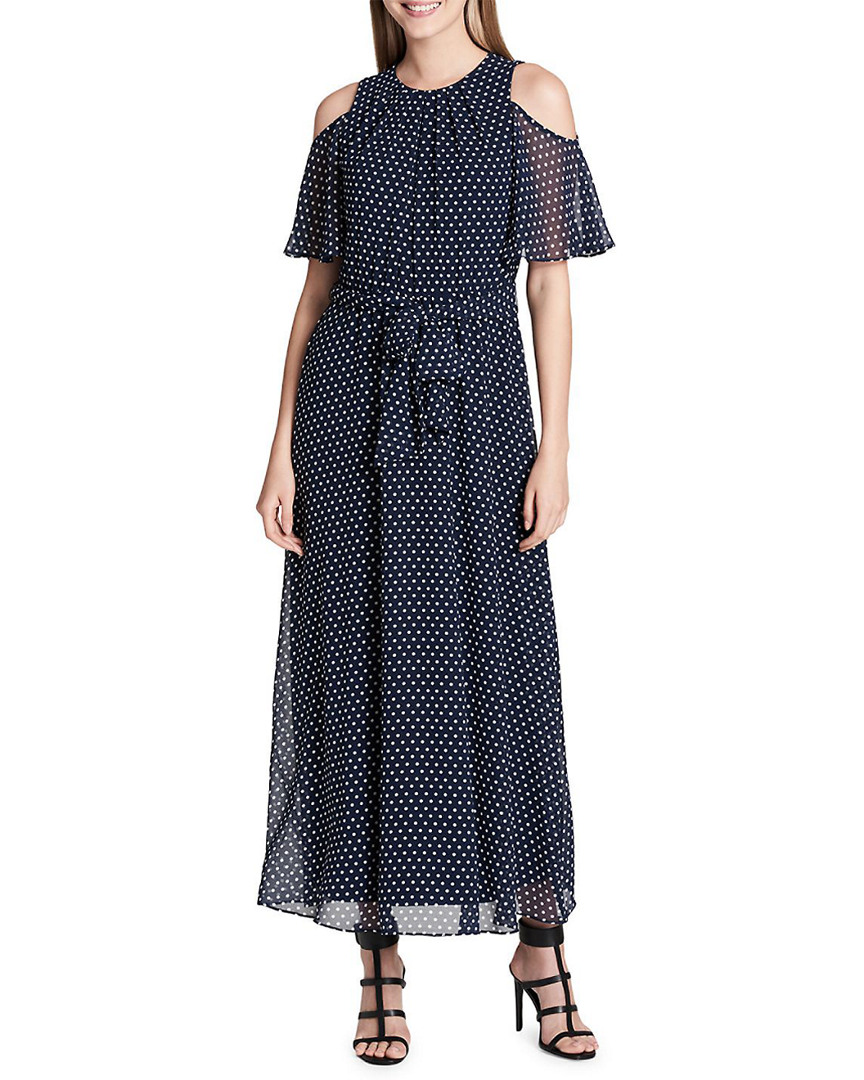 Image of Calvin Klein Polka-Dot Ruffled Cold-Shoulder Maxi Dress