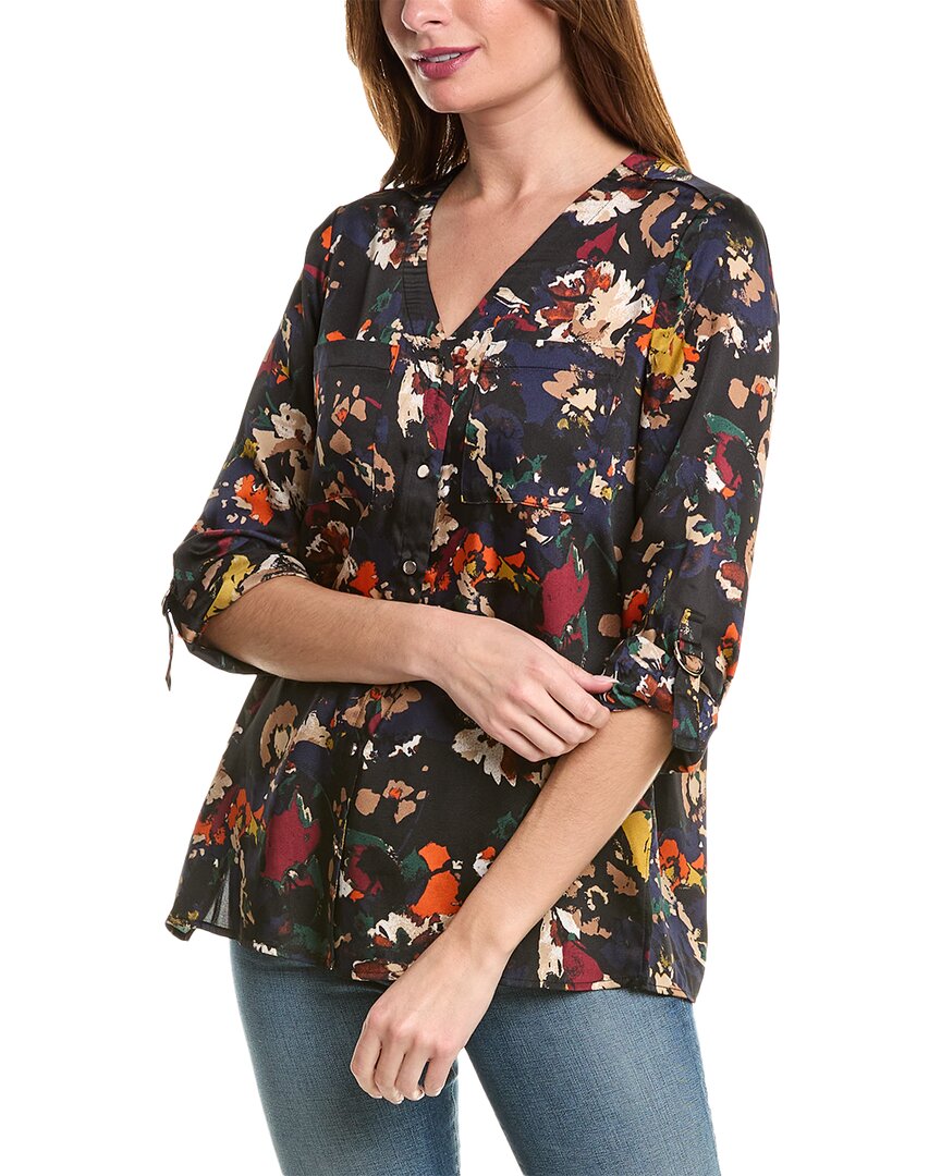 Jones New York Floral Satin Button-up Shirt In Black