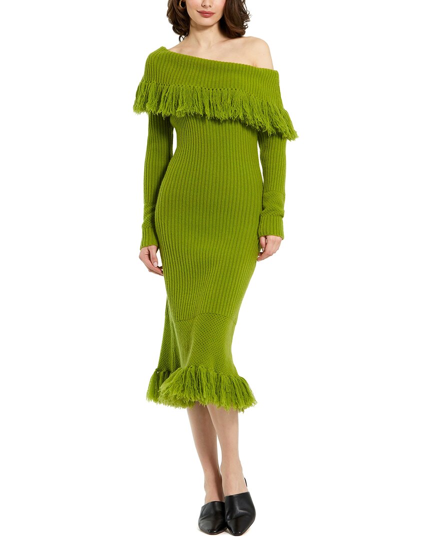 Mac Duggal Off The Shoulder Fringe Long Sleeve Knit Dress
