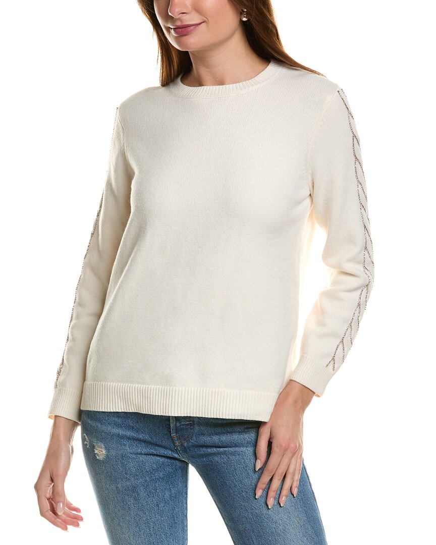Anne Klein Bead Detail Crewneck Sweater In White