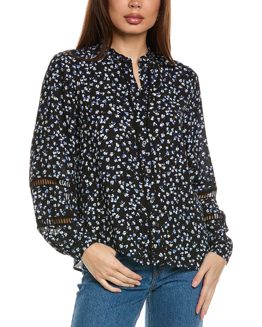 Jones New York Petite Floral Print Blouson-sleeve Button-front Blouse In Black