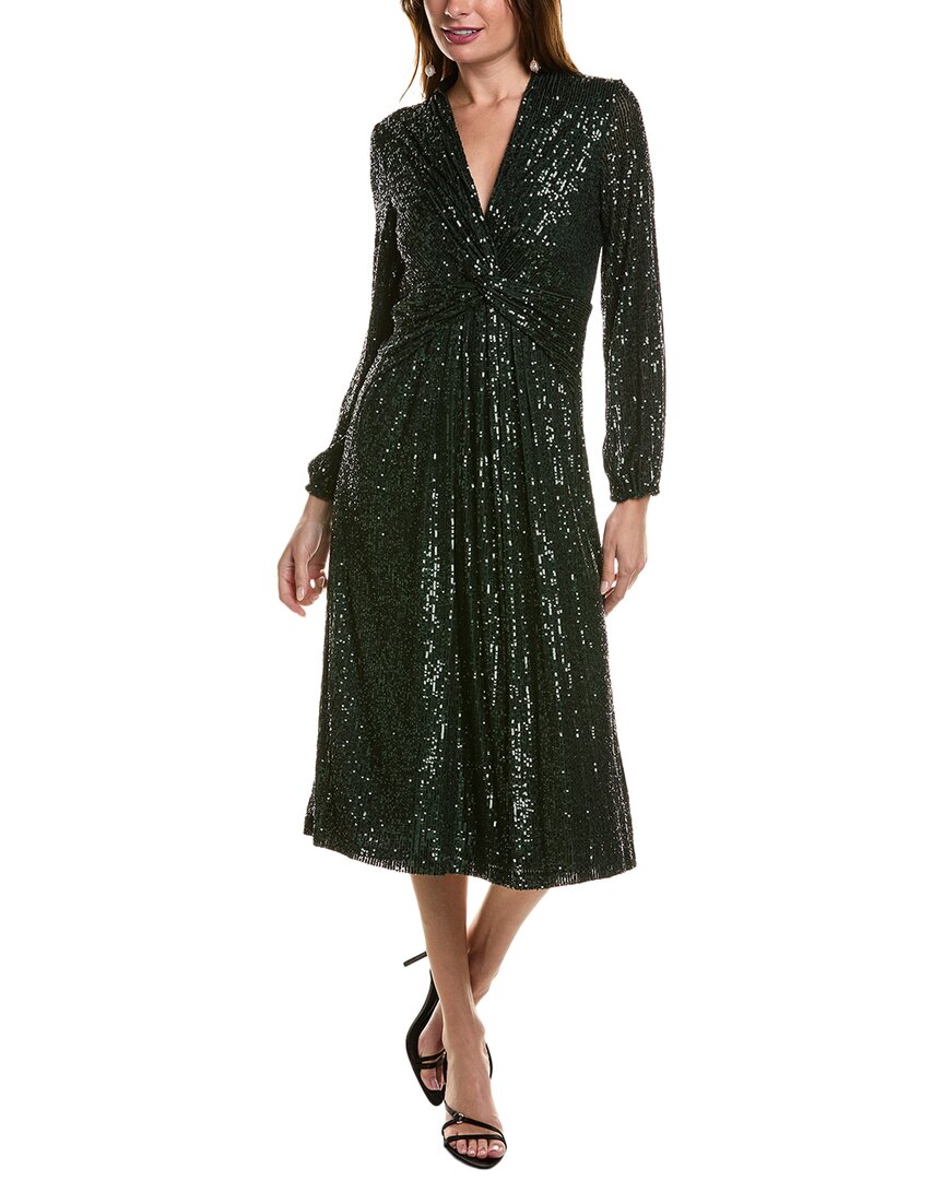 Anne Klein Sequin Twist Front Long Sleeve Midi Dress In Green