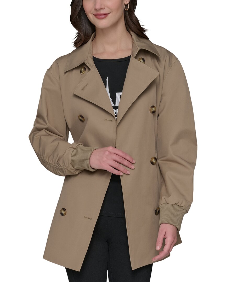 Karl Lagerfeld Paris Water Resistant Cotton Blend Short Trench Coat In Brown