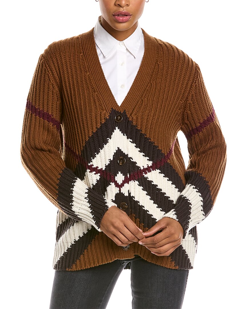 Burberry Striped Ribbed Cashmere And Cotton-blend Cardigan In Dark Birch Brown