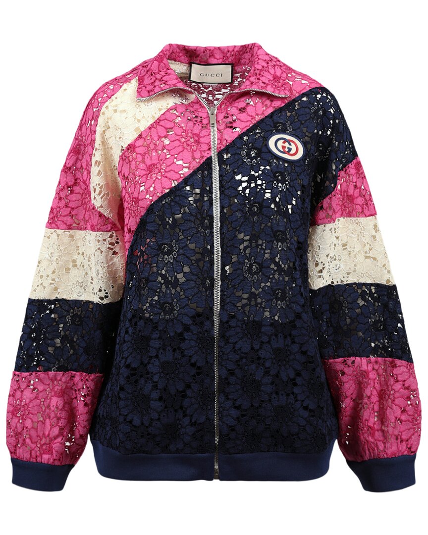 Shop Gucci Lace & Intarsia Jacket In Blue