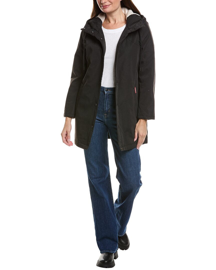 Hunter Billie Canvas Mid Length Hooded Rain Jacket In Black