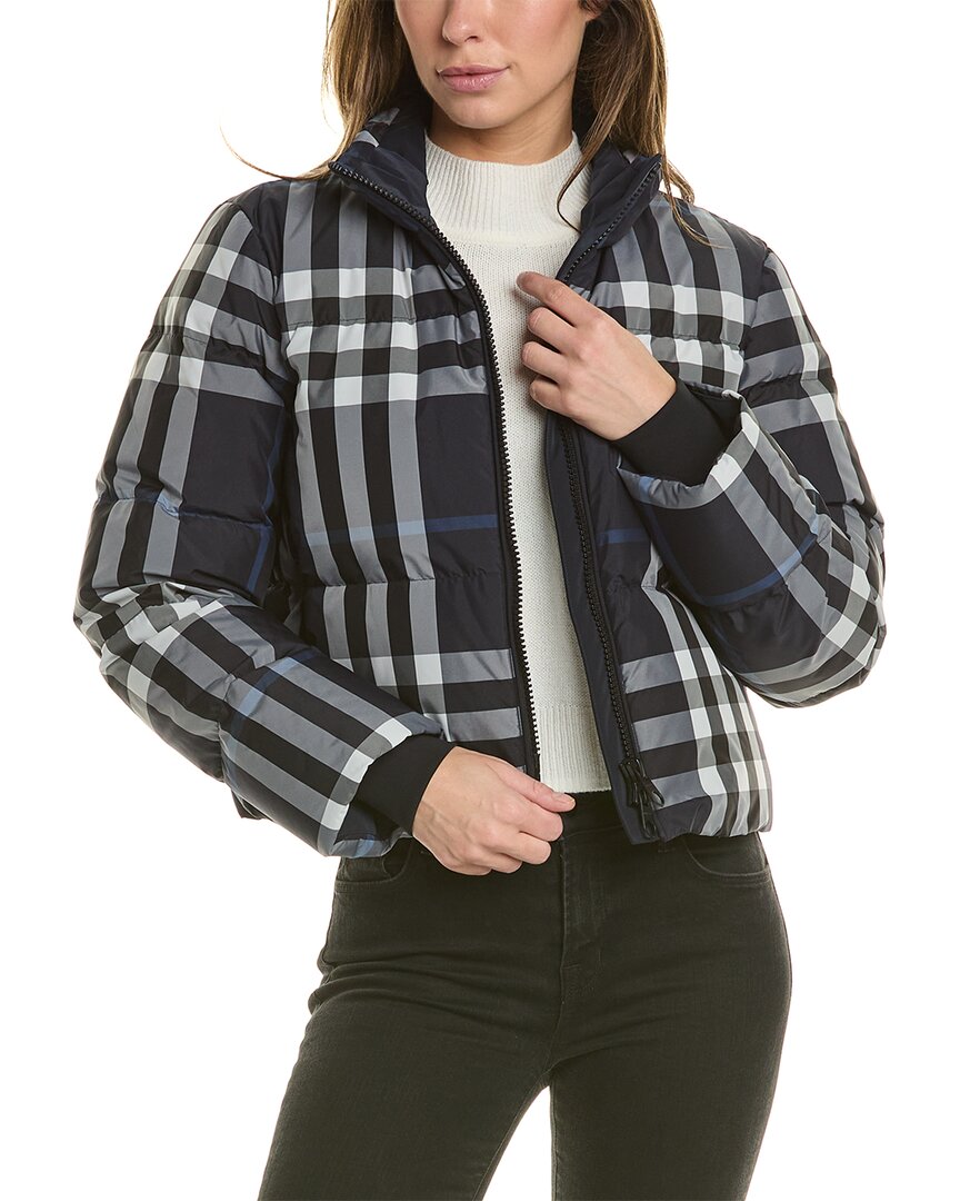 Shop Burberry Check Cropped Down Puffer Jacket In Blue