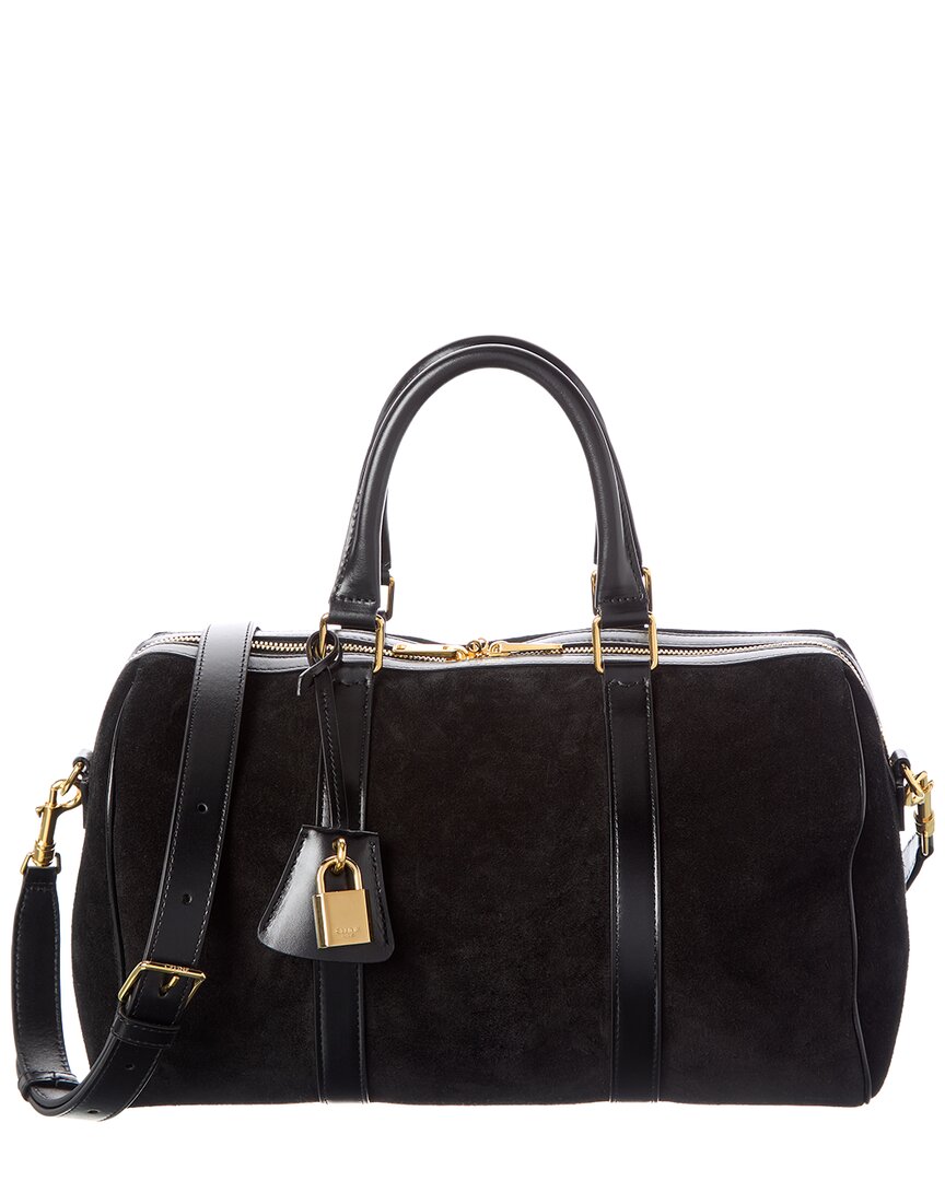 Celine Boston Large Suede & Leather Satchel In Black