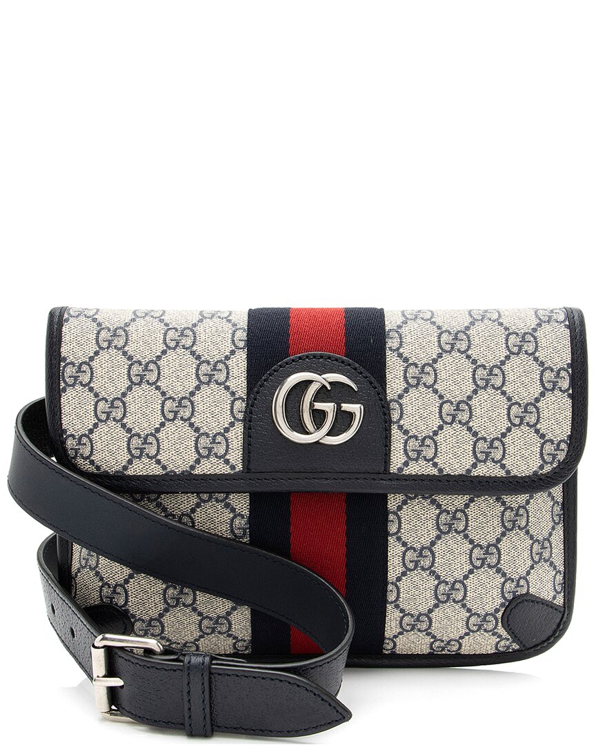 Gucci Beige & Blue Coated Canvas, Leather & Nylon Ophidia Small Belt Bag (authentic Pre-loved) In Gray