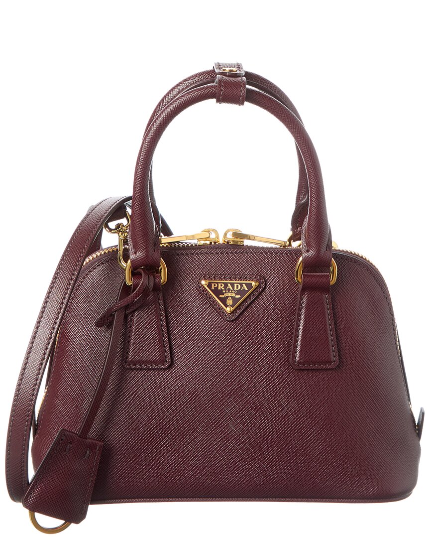Prada Logo Mini Saffiano Leather Satchel In Burgundy