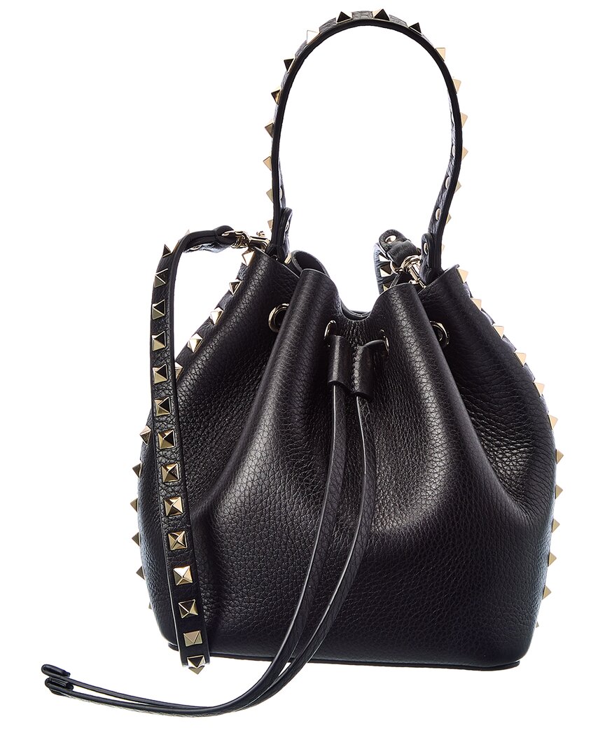 Valentino Rockstud Grainy Leather Bucket Bag In Black