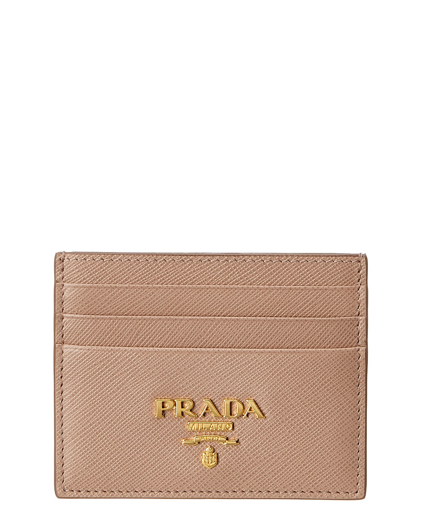 Prada Logo Saffiano Leather Card Case In Beige