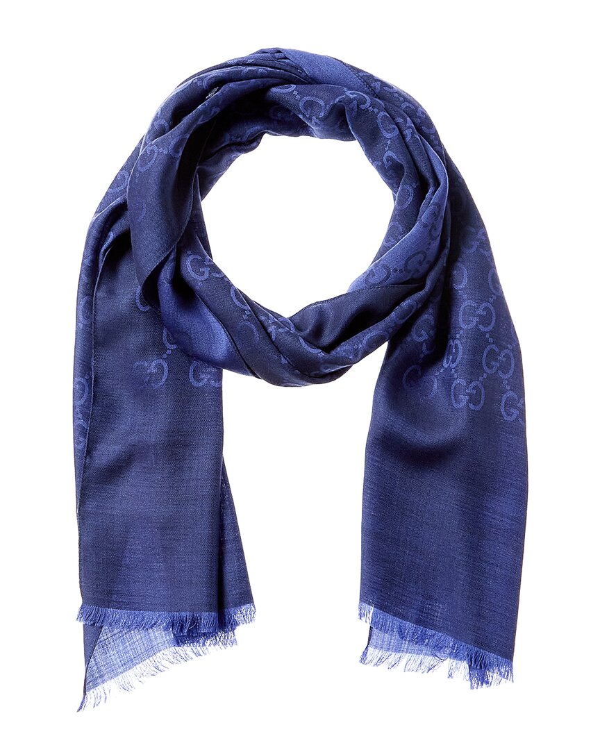 Gucci Logo Small Jacquard Wool & Silk-blend Scarf In Blue