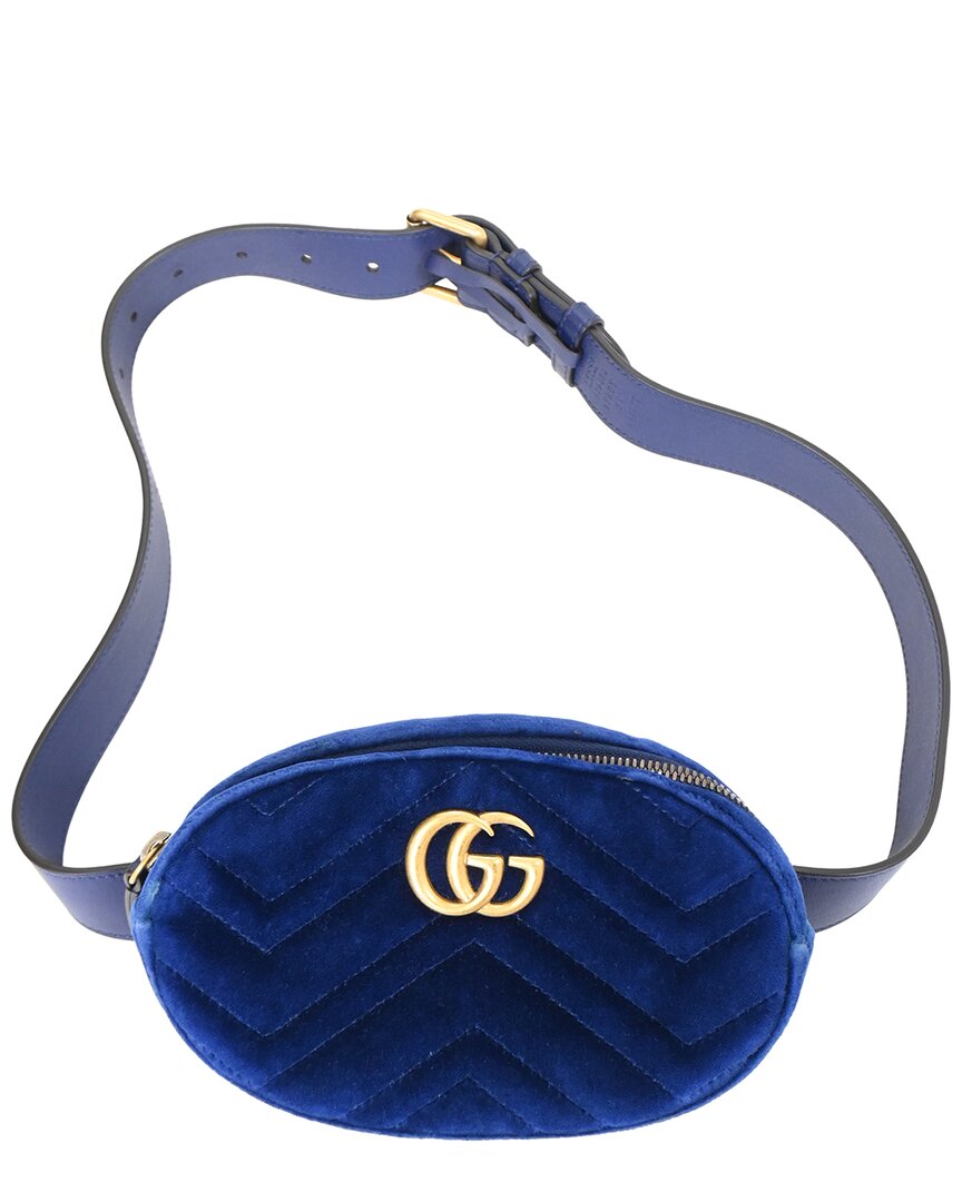 Gucci Blue Velvet Quilted Gg Marmont Belt Bag (authentic Pre-loved) In Blue