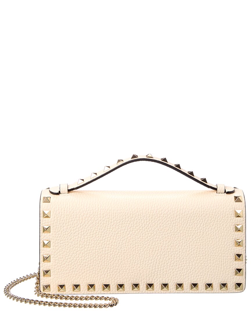 Valentino Rockstud Grainy Leather Wallet On Chain In White