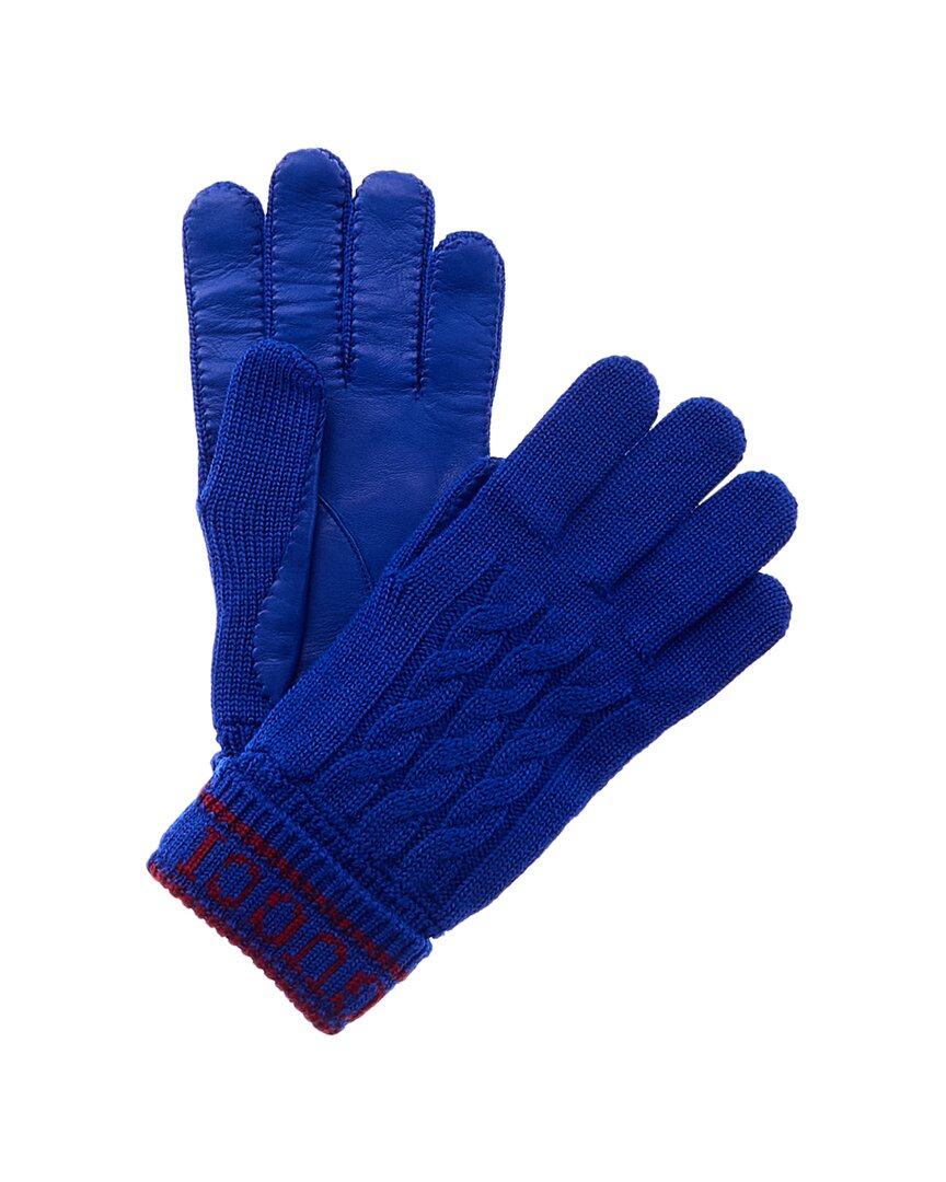 Gucci Leather-trim Wool Gloves In Blue