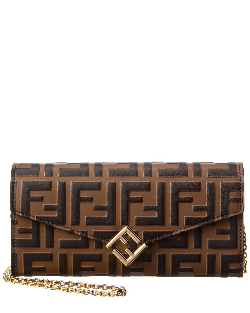Fendi Ff Diamonds Leather Wallet On Chain In Brown