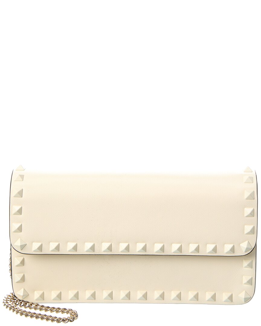 Valentino Garavani Valentino Rockstud Leather Wallet On Chain In White