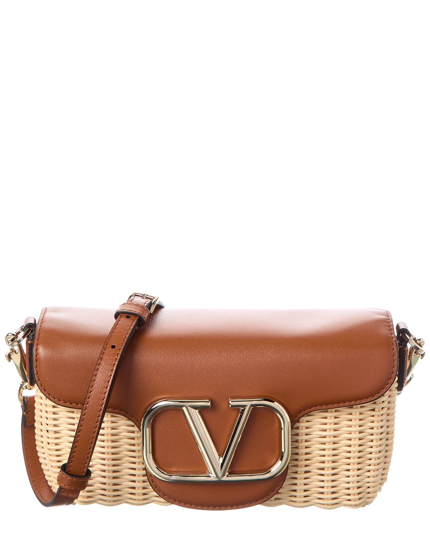 Valentino Garavani Valentino Vlogo Loco Straw & Leather Crossbody In Brown