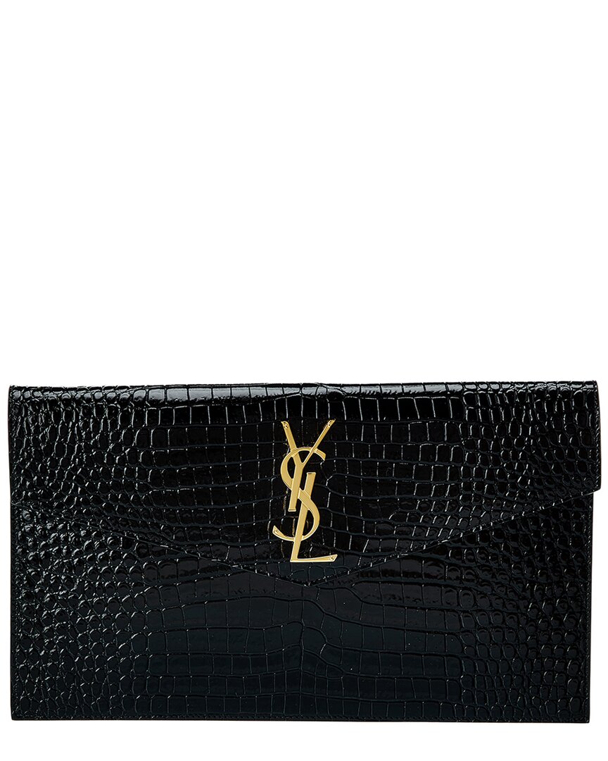 Saint Laurent Uptown Croc-embossed Leather Pouch In Black