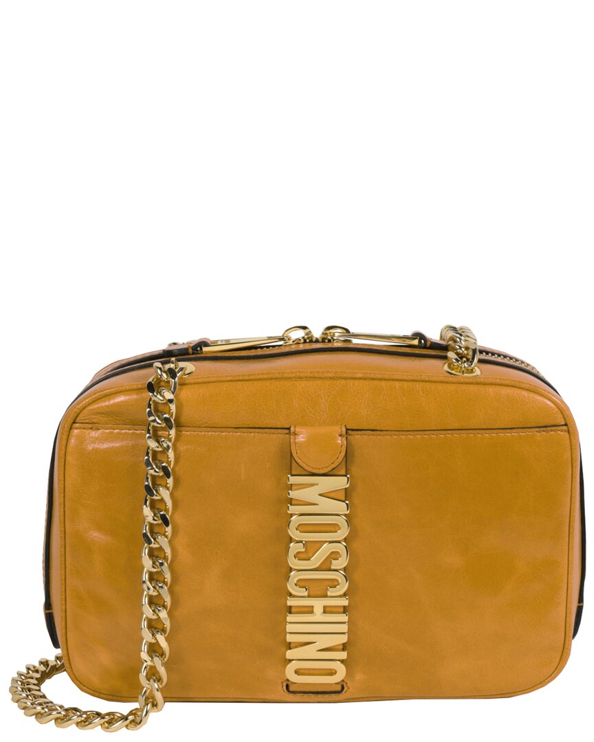 Shop Moschino Logo Leather Shoulder Bag In Beige