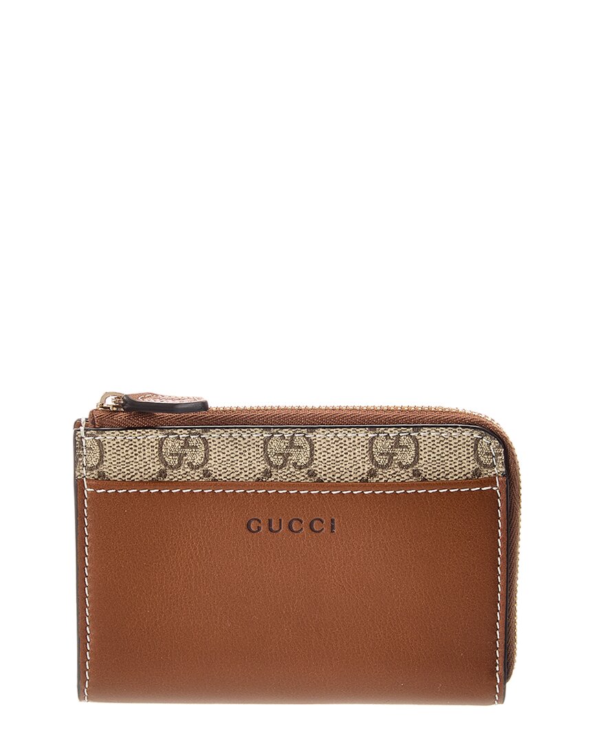 Gucci Gg Emblem Zip Gg Supreme Canvas & Leather Card Case In Brown