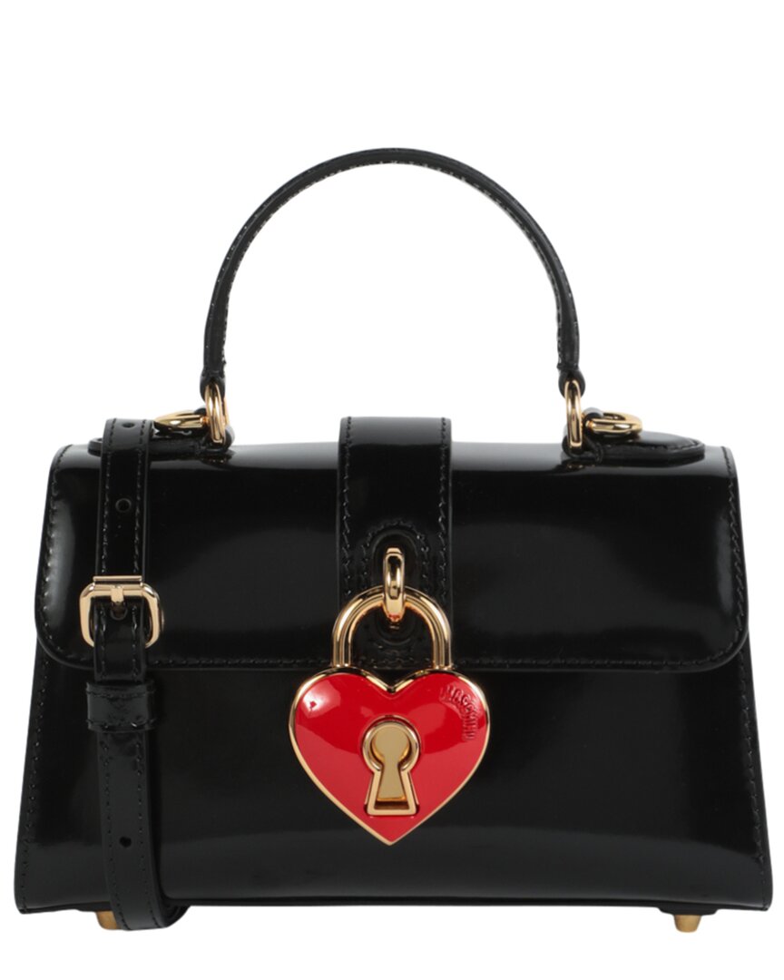 Moschino Heart Lock Leather Shoulder Bag In Black