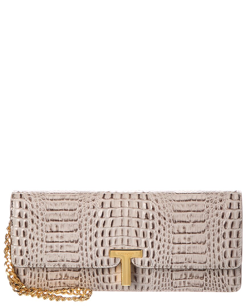 Tom Ford T Plaque Reptile-embossed Leather Wallet On Chain In White