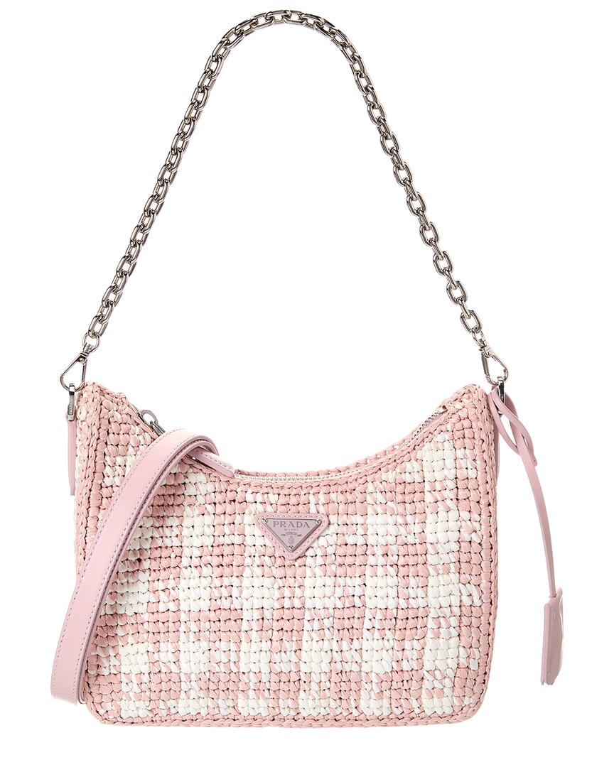 Prada Dnu Inv  Logo Plaque Raffia & Leather Hobo Bag