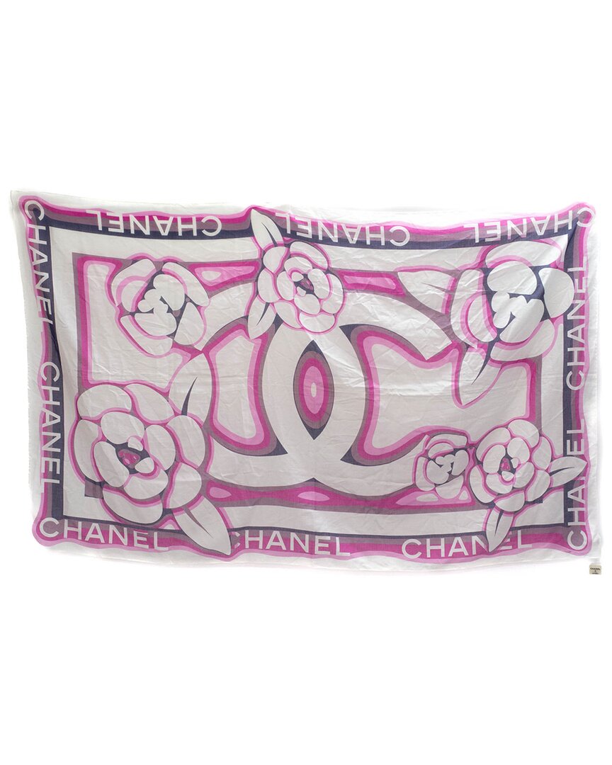 Pre-owned Chanel Cotton Camellia Logo Printed Shawl Scarf (authentic Pre-loved)