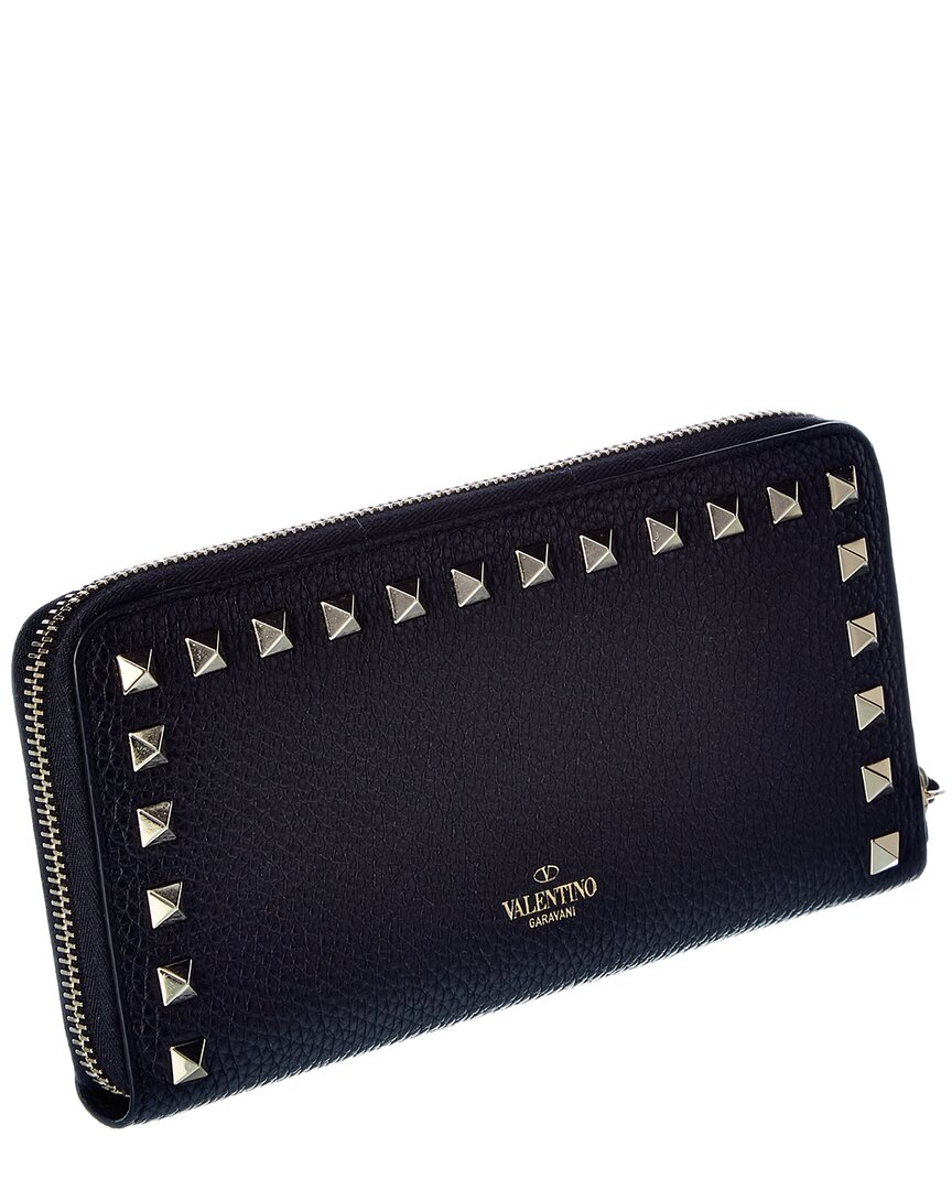 Shop Valentino Rockstud Grainy Leather Zip Around Wallet In Black